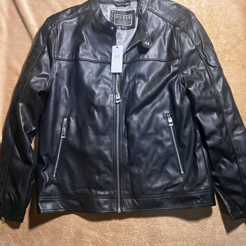 NWT Guess Women XL LS Beau Perforated Jet Black Full Zip Faux Leather Jacket